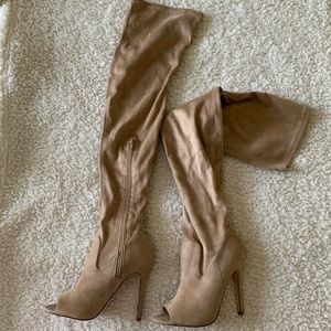 Olivia Lori Taupe Peep-Toe Over-the-Knee Boots